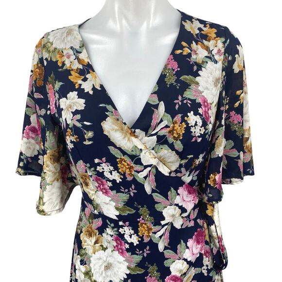 Women's Multicolor Floral Short Flutter Sleeve V Neck Maxi Wrap Dress One Size - Picture 3 of 4